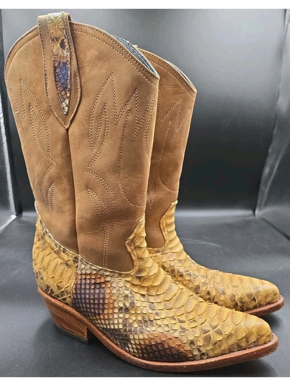 Mexican MEN'S EXOTIC PYTHON WESTERN BOOTS Brown Leather Mens Size 8 Vintage